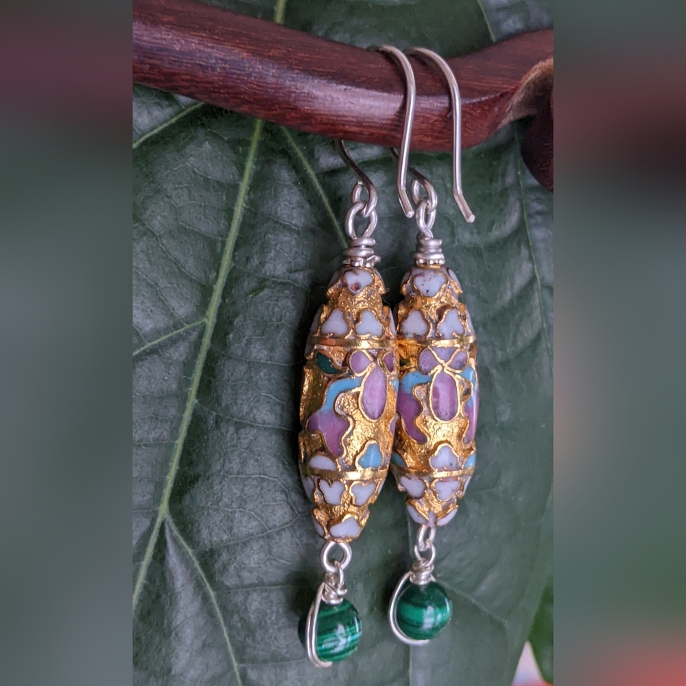 Authentic Vintage Cloisonne Earrings Sterling Silver Gold Toned with Malachite - Picture 6 of 12